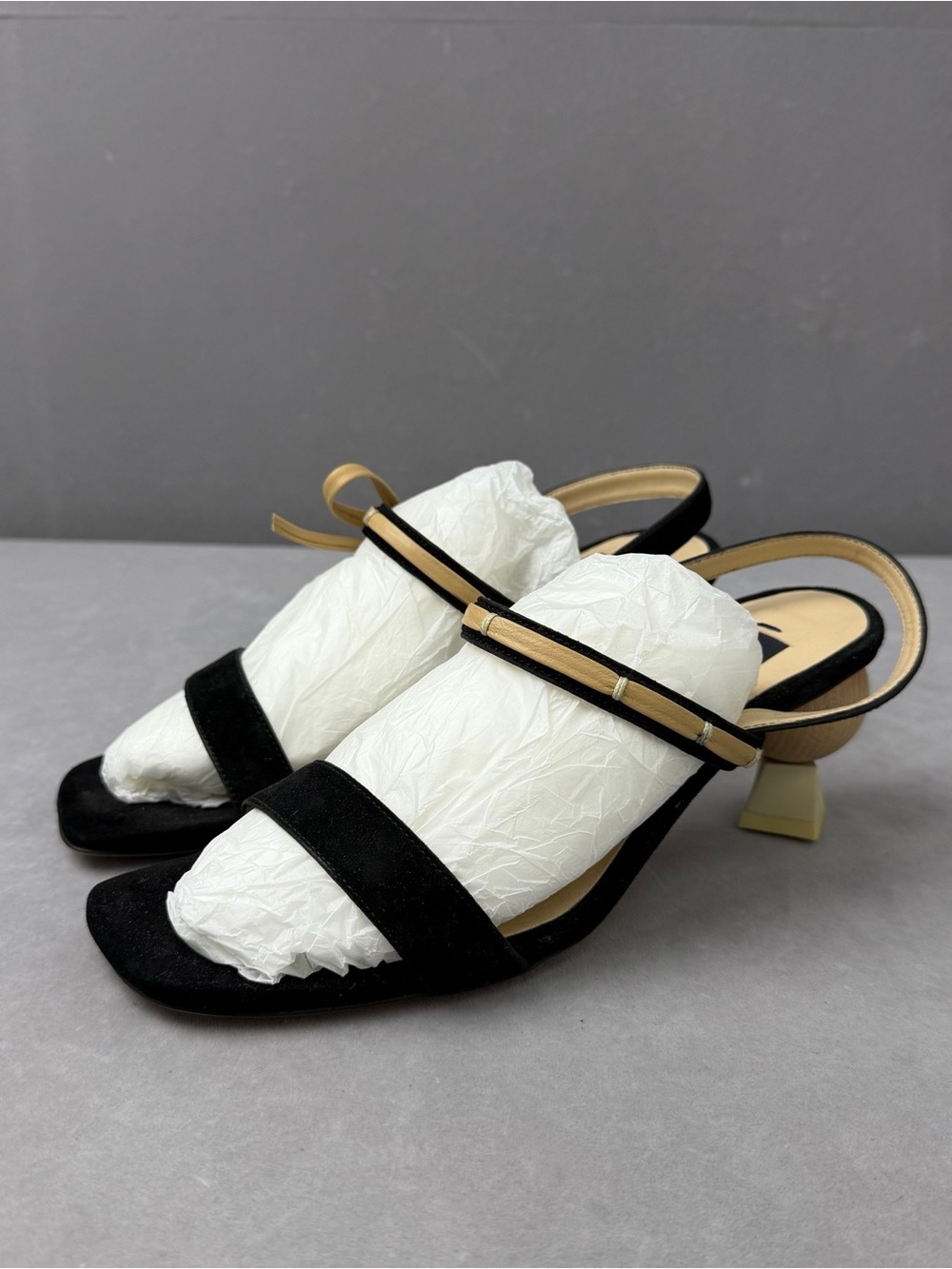 Jacquemus Black and Gold Slingback Block Heel Sandals